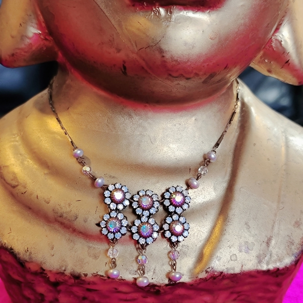 Sterling Silver Liz Palacious CSF Iridescent & Clear Swarski Crystals Necklace.